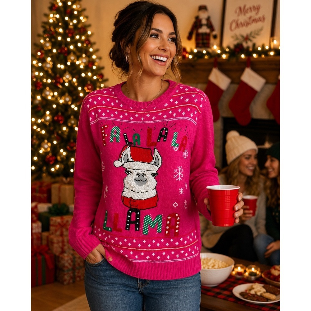 Self Esteem Ugly Christmas Holiday Sweater Large Pink Fa La La Llama  Hot Pink